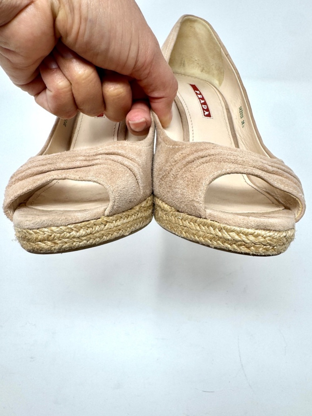 Prada Beige Suede Cork Wedge Peep-Toe Espadrille Pumps - Picture 10 of 14